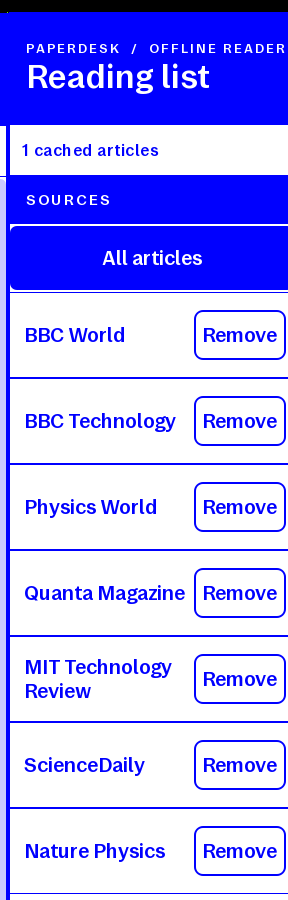 PaperRSS source list with physics, science, and technology feeds